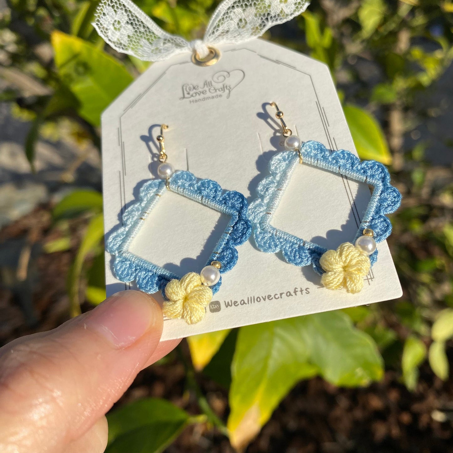 Ombre dark blue with yellow flower and pearl crochet earrings in square shape/Microcrochet /geometry jewelry/gift for her/Ship from US