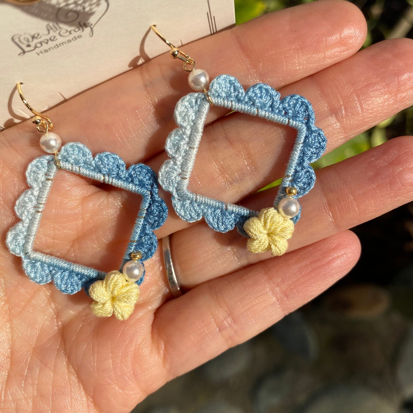 Ombre dark blue with yellow flower and pearl crochet earrings in square shape/Microcrochet /geometry jewelry/gift for her/Ship from US