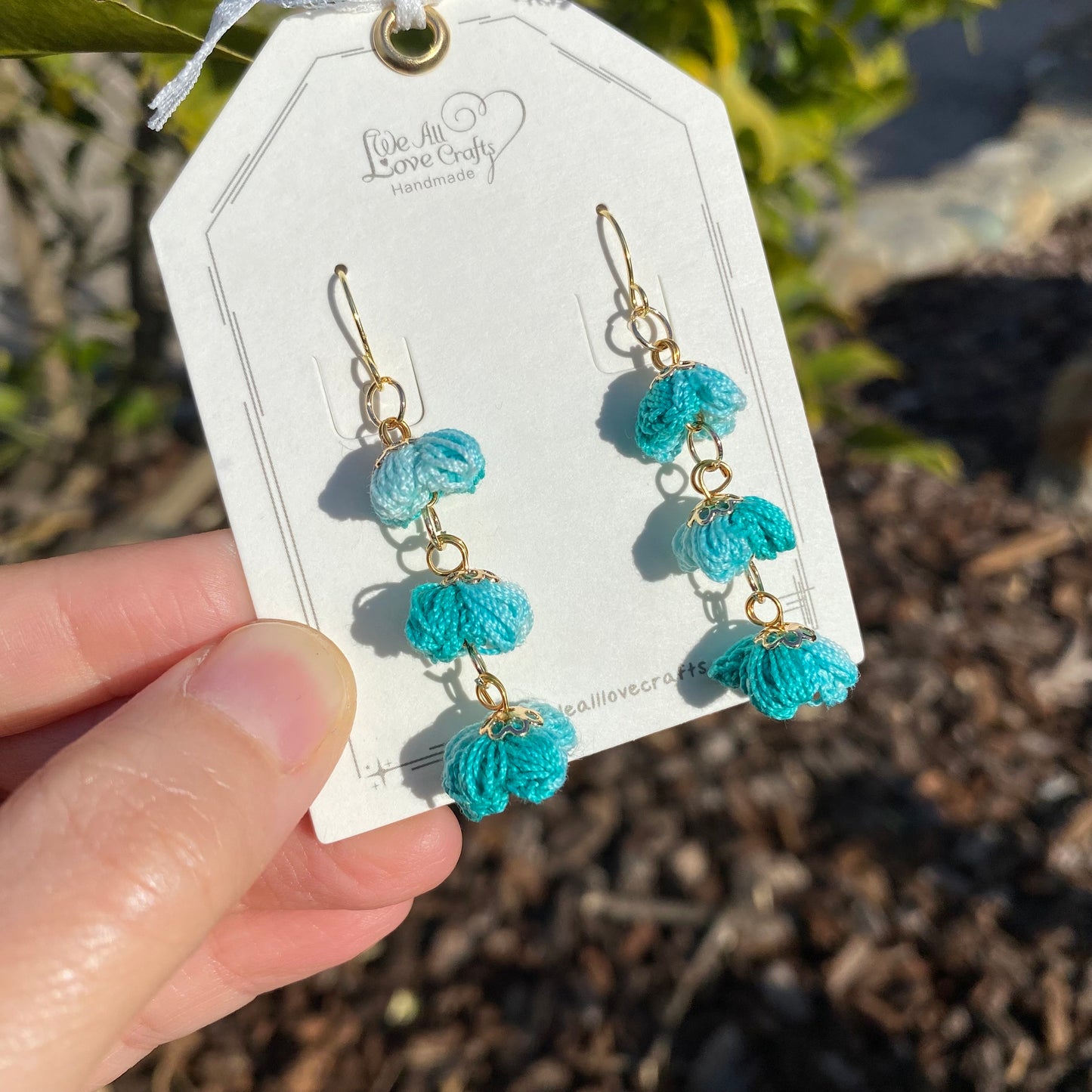 Light blue turquoise teal Ombre Puff flower Dangled earrings/Microcrochet/14k gold/Gift for her/Knitting handmade jewelry/Ship from US