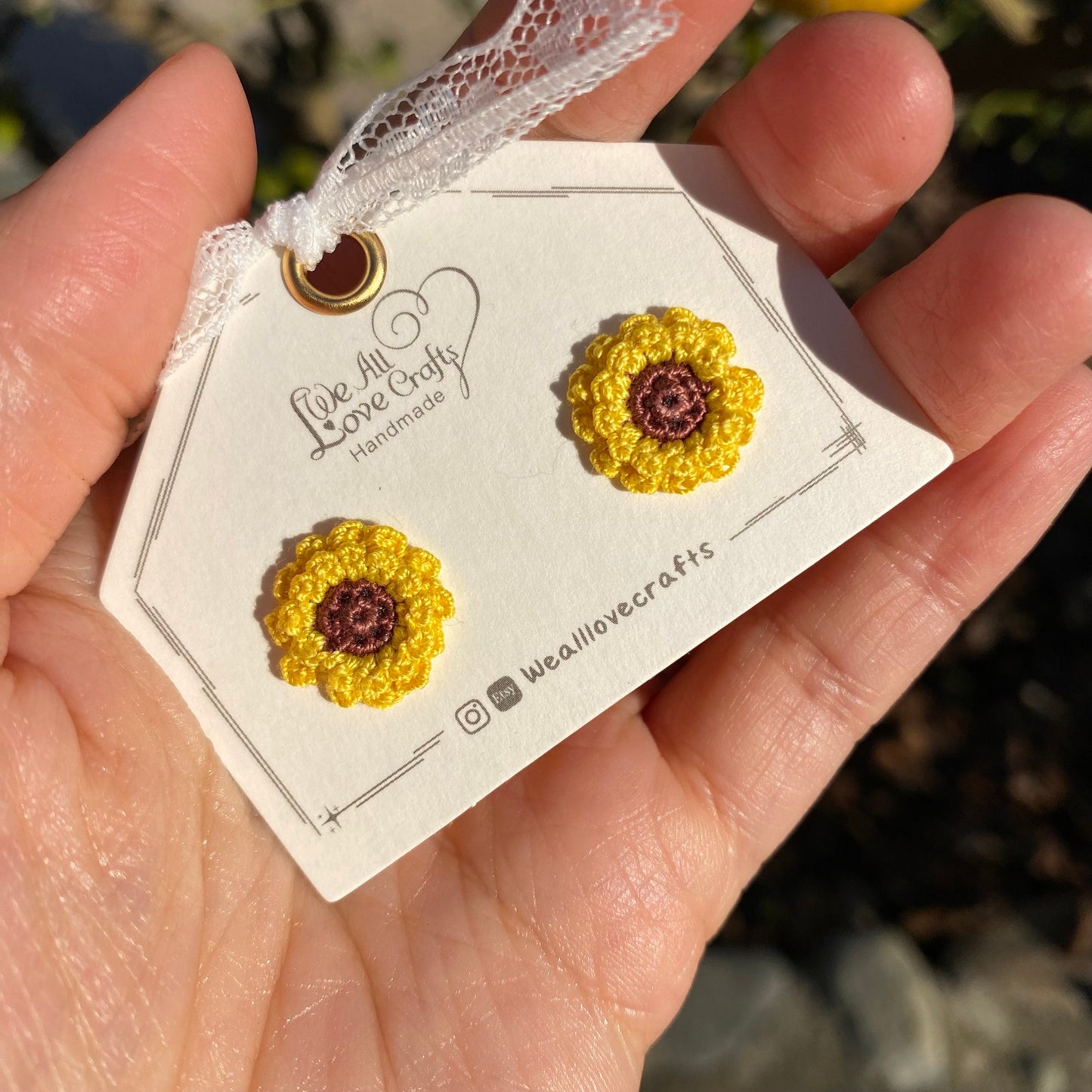Load image into Gallery viewer, Yellow Sunflower Studs/Microcrochet/14k gold earrings/fall flower gift for her/Knitting handmade jewelry
