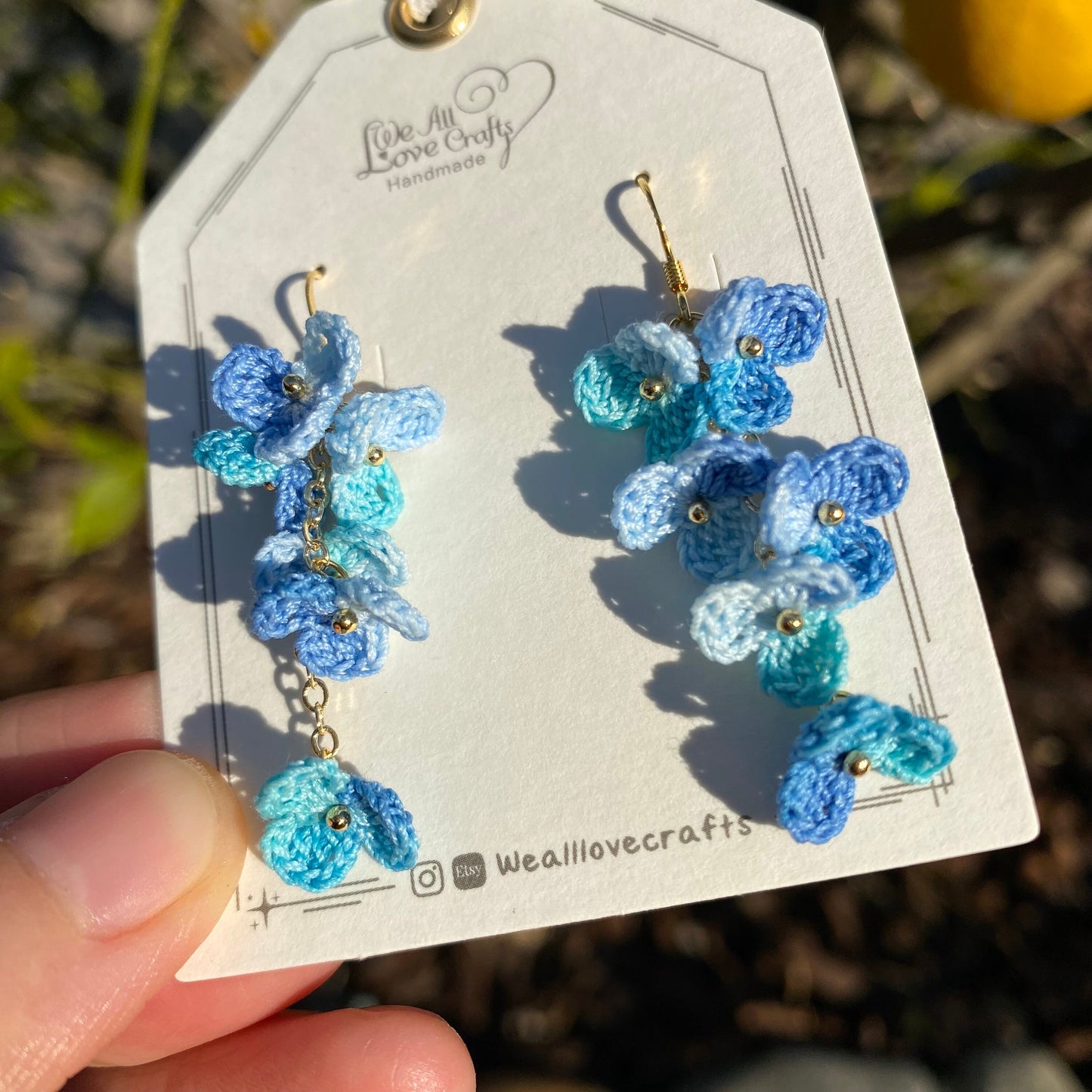 Blue ombre flower cluster crochet dangle hook earrings/Micro crochet/14k gold/gift for her/Knitting handmade jewelry/Ship from US