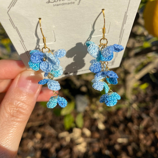 Blue ombre flower cluster crochet dangle hook earrings/Micro crochet/14k gold/gift for her/Knitting handmade jewelry/Ship from US