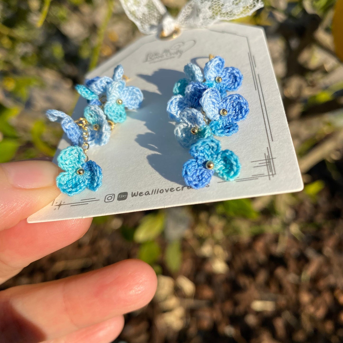 Blue ombre flower cluster crochet dangle hook earrings/Micro crochet/14k gold/gift for her/Knitting handmade jewelry/Ship from US