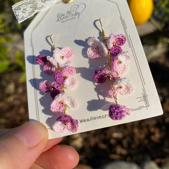 Purple Pink ombre flower cluster crochet dangle stud earrings/Micro crochet/14k gold/gift for her/Knitting handmade jewelry