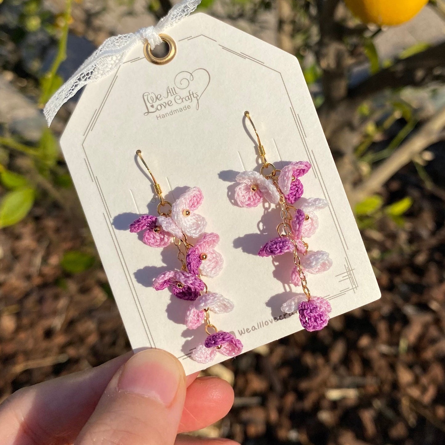 Purple Pink ombre flower cluster crochet dangle stud earrings/Micro crochet/14k gold/gift for her/Knitting handmade jewelry