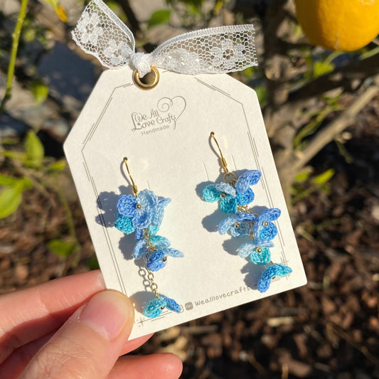 Blue ombre flower cluster crochet dangle hook earrings/Micro crochet/14k gold/gift for her/Knitting handmade jewelry/Ship from US