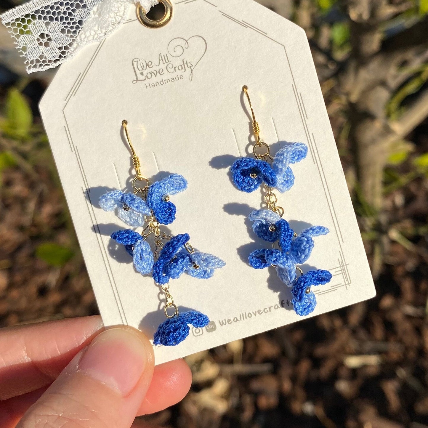 Load image into Gallery viewer, Dark Blue ombre flower cluster crochet dangle hook earrings/Micro crochet/14k gold/gift for her/Knitting handmade jewelry/Ship from US
