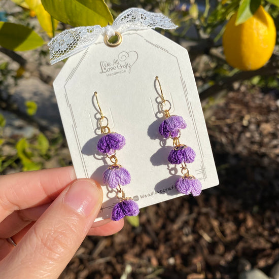 Purple Ombre Puff flower Dangled earrings/Microcrochet/14k gold/Spring gift for her/Knitting handmade jewelry/Ship from US