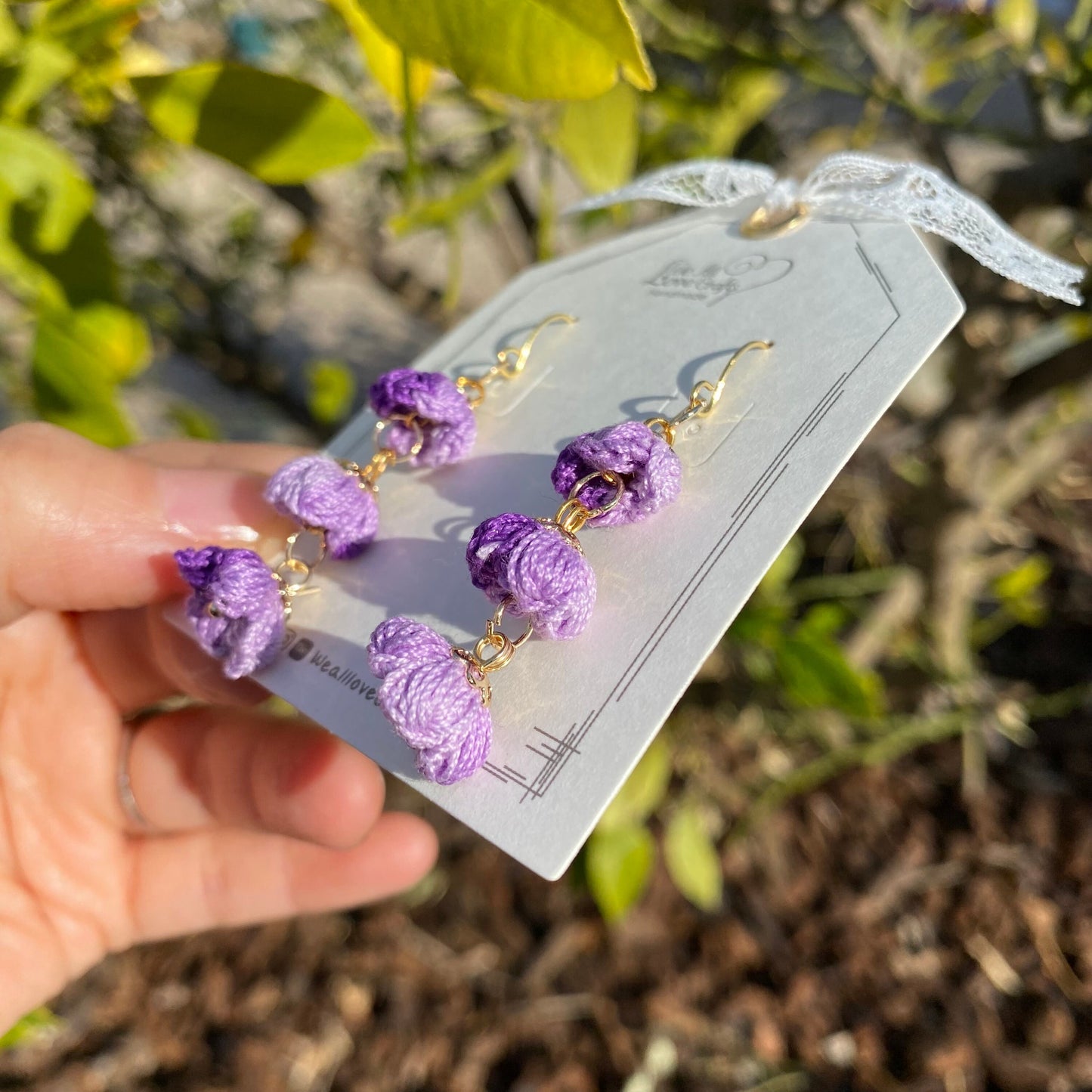 Purple Ombre Puff flower Dangled earrings/Microcrochet/14k gold/Spring gift for her/Knitting handmade jewelry/Ship from US