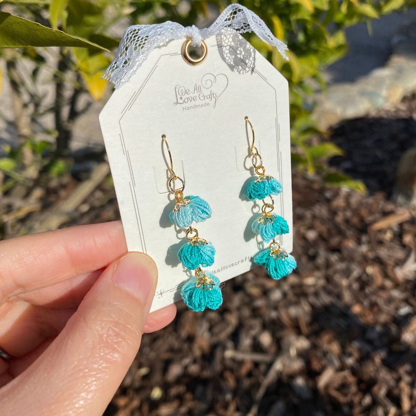 Light blue turquoise teal Ombre Puff flower Dangled earrings/Microcrochet/14k gold/Gift for her/Knitting handmade jewelry/Ship from US
