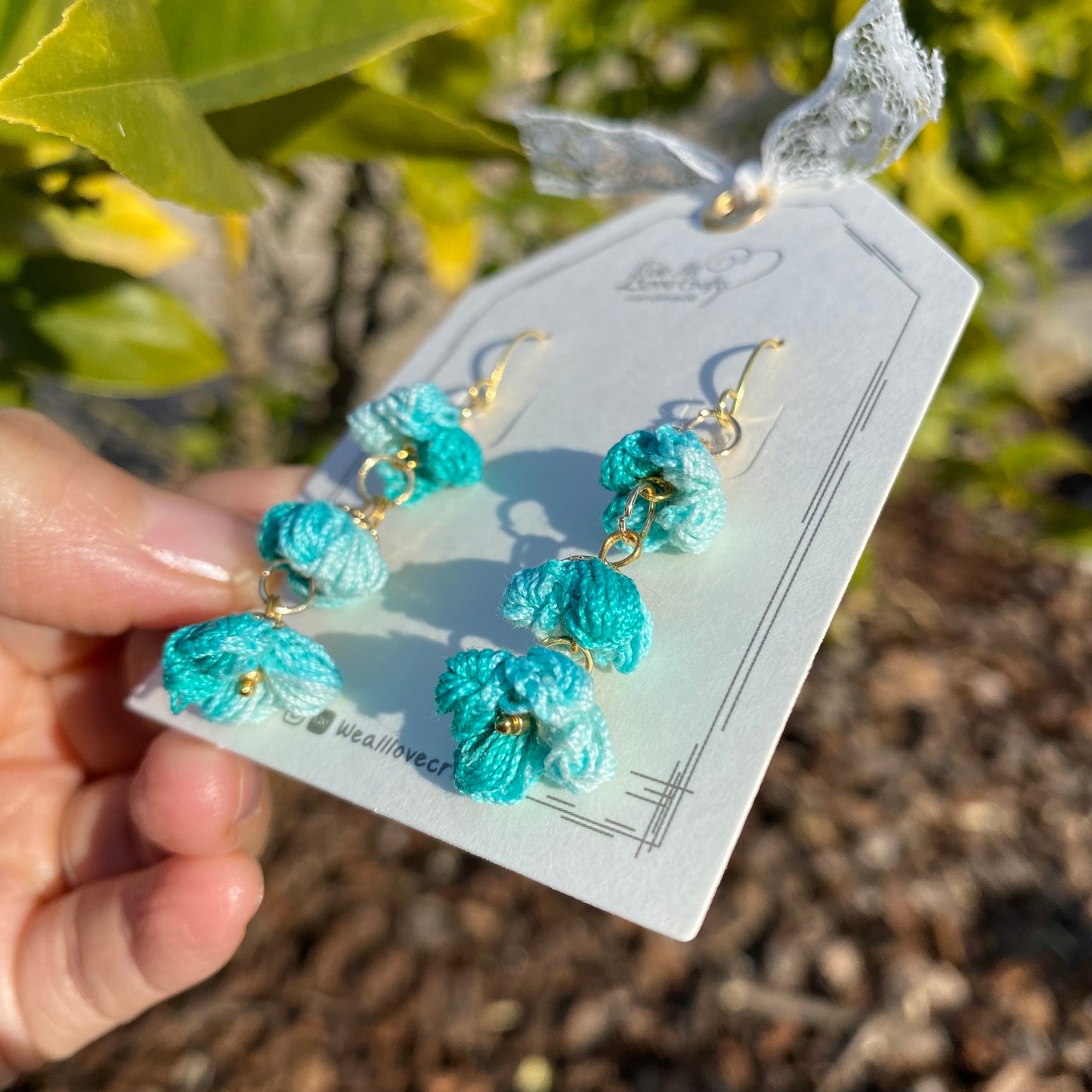 Light blue turquoise teal Ombre Puff flower Dangled earrings/Microcrochet/14k gold/Gift for her/Knitting handmade jewelry/Ship from US
