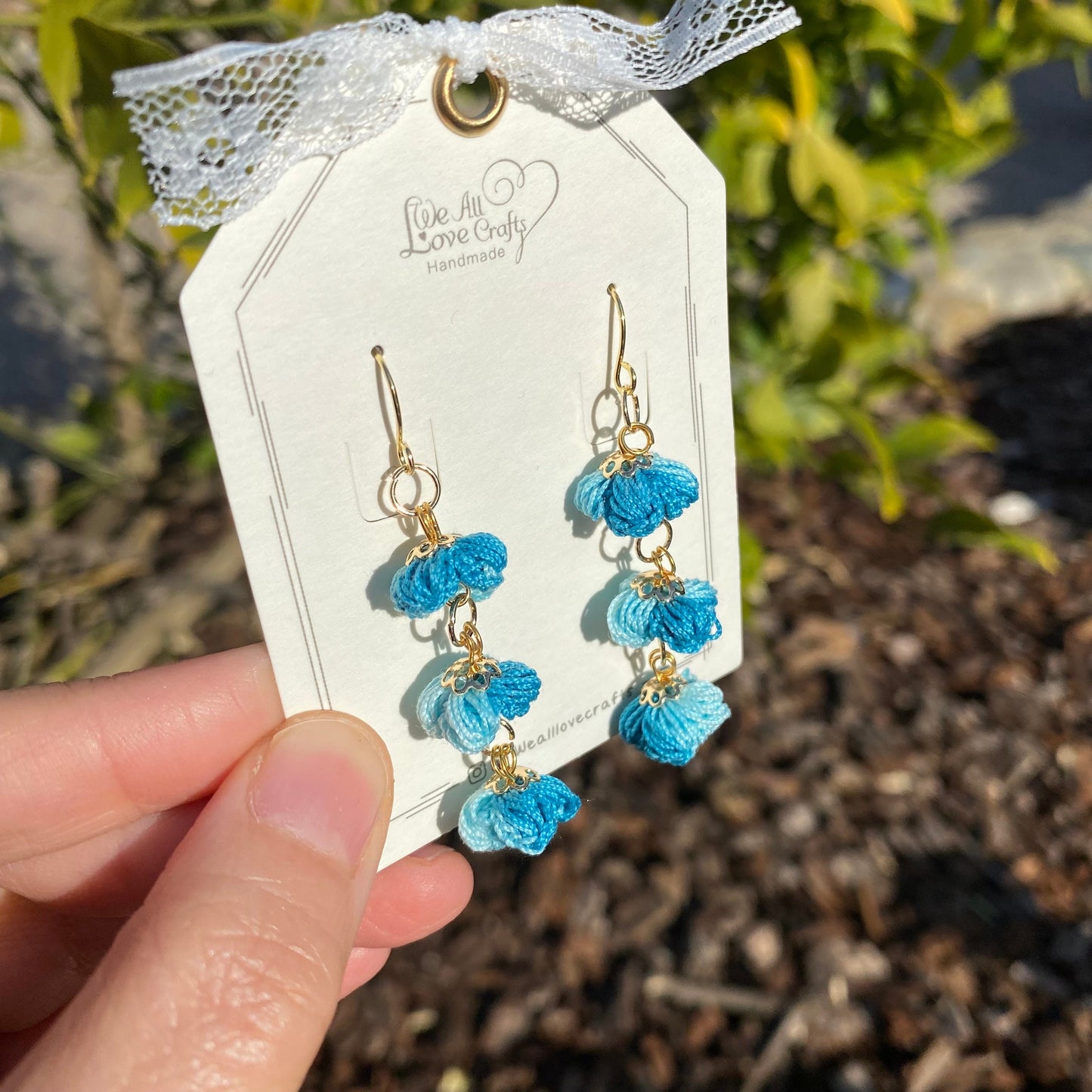 Light blue Ombre Puff flower Dangled earrings/Microcrochet/14k gold/Spring gift for her/Knitting handmade jewelry/Ship from US