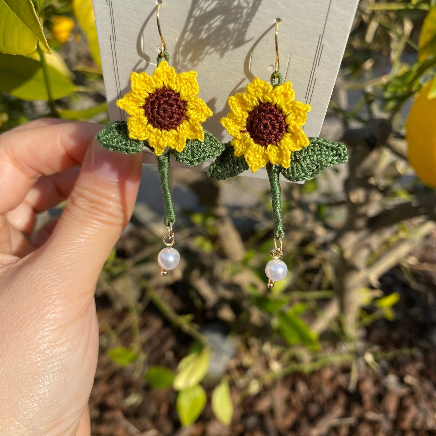 Load image into Gallery viewer, Yellow Sunflower dangle earrings with pearls/Microcrochet/14k gold/fall flower gift for her/Knitting handmade jewelry/3D flower/Ship from US
