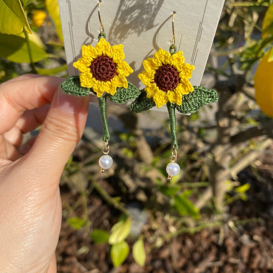 Yellow Sunflower dangle earrings with pearls/Microcrochet/14k gold/fall flower gift for her/Knitting handmade jewelry/3D flower/Ship from US