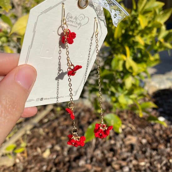 Red four petal flower cluster crochet dangle earrings/Microcrochet/14k gold/gift for her/Knitting handmade jewelry/Ship from US