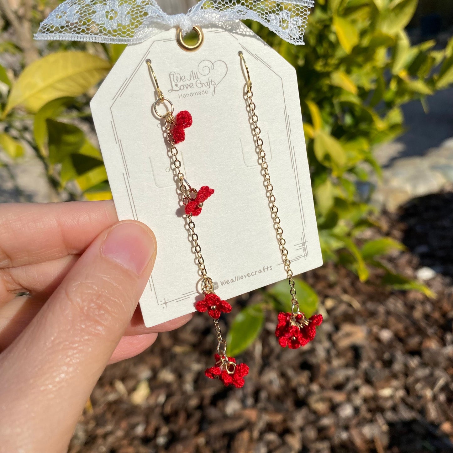 Red four petal flower cluster crochet dangle earrings/Microcrochet/14k gold/gift for her/Knitting handmade jewelry/Ship from US