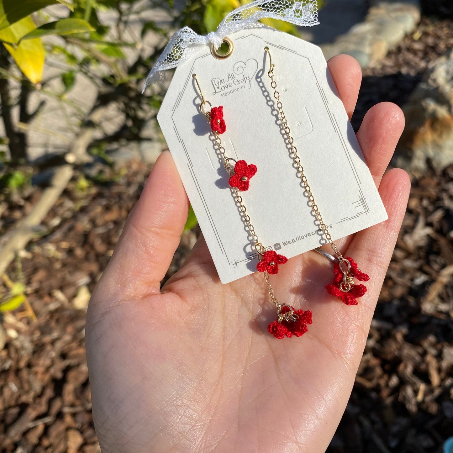 Red four petal flower cluster crochet dangle earrings/Microcrochet/14k gold/gift for her/Knitting handmade jewelry/Ship from US