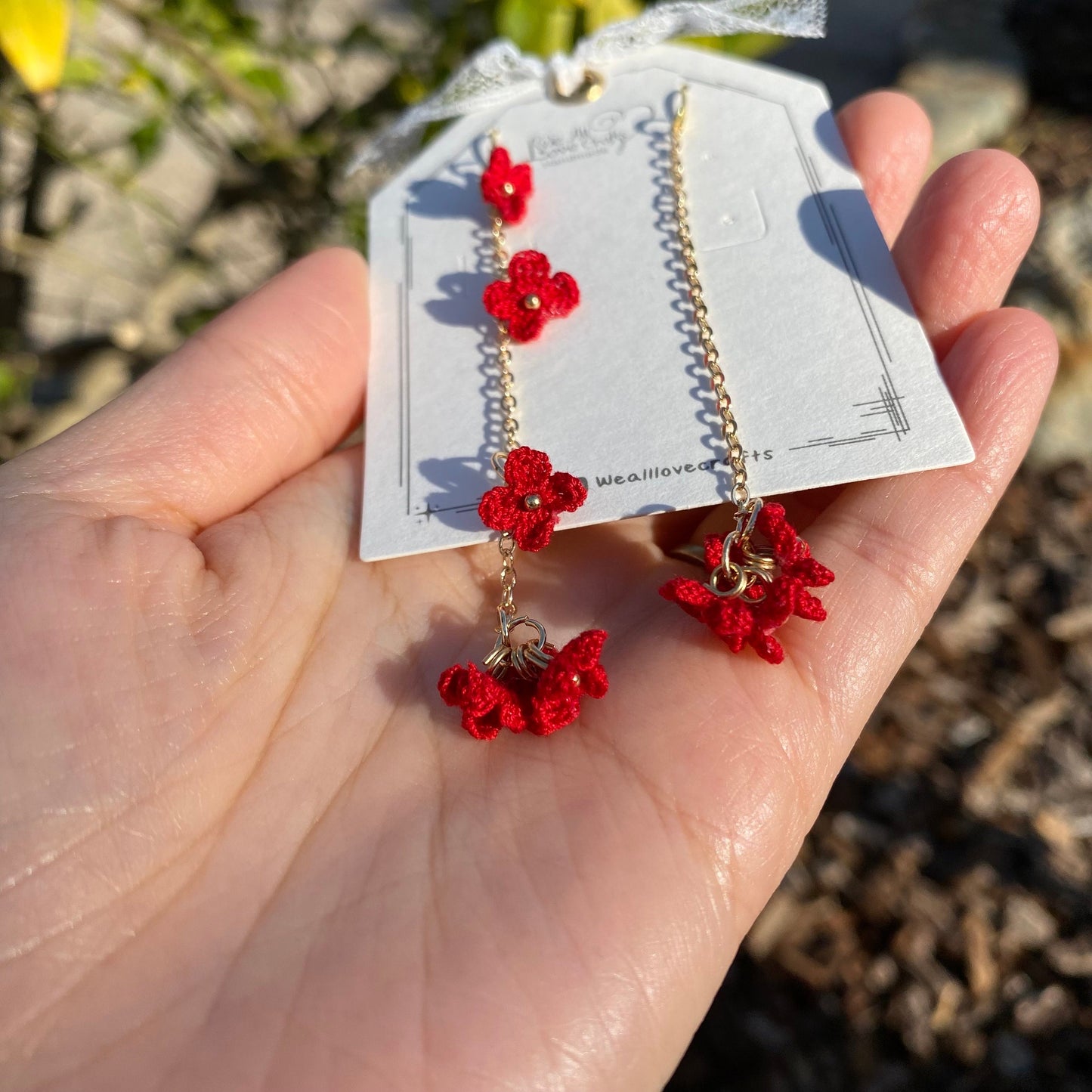 Red four petal flower cluster crochet dangle earrings/Microcrochet/14k gold/gift for her/Knitting handmade jewelry/Ship from US