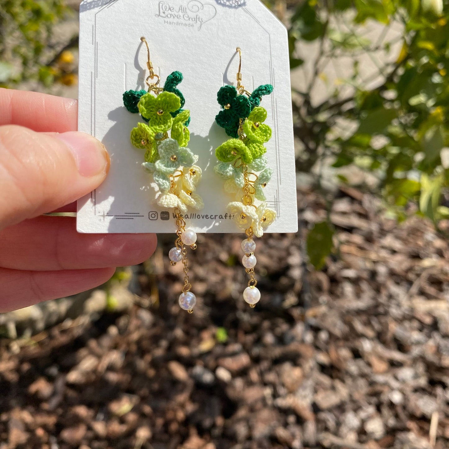 4 shades of Green ombre flower cluster crochet dangle earrings/Microcrochet/14k gold/gift for her/Knitting handmade jewelry