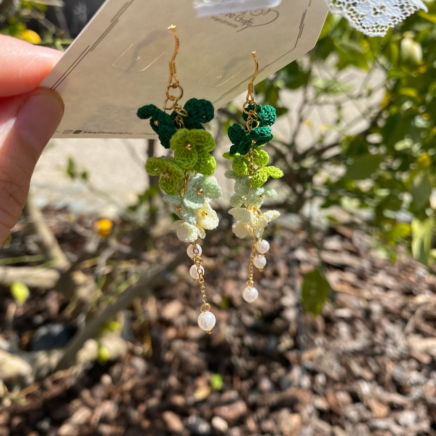4 shades of Green ombre flower cluster crochet dangle earrings/Microcrochet/14k gold/gift for her/Knitting handmade jewelry