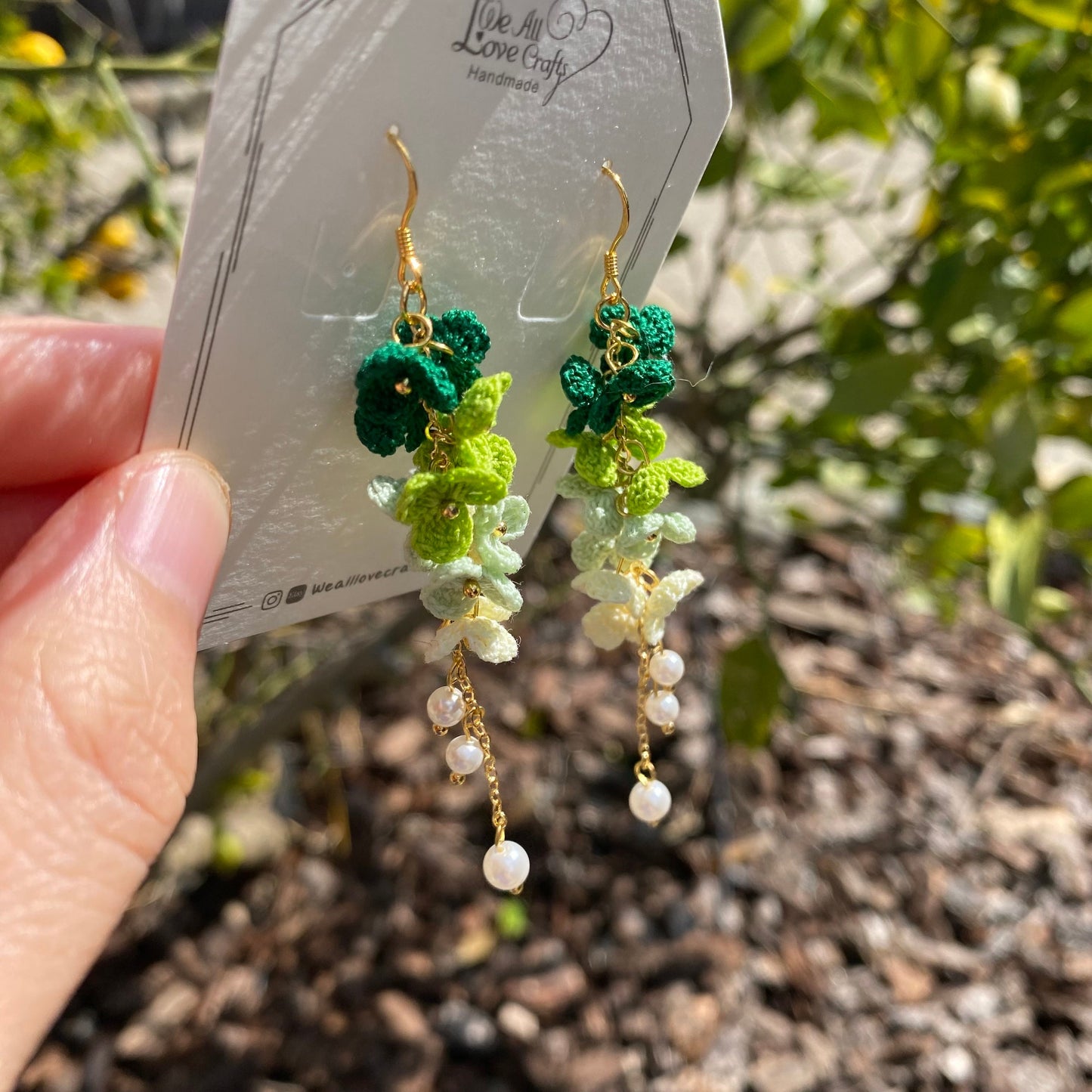 4 shades of Green ombre flower cluster crochet dangle earrings/Microcrochet/14k gold/gift for her/Knitting handmade jewelry