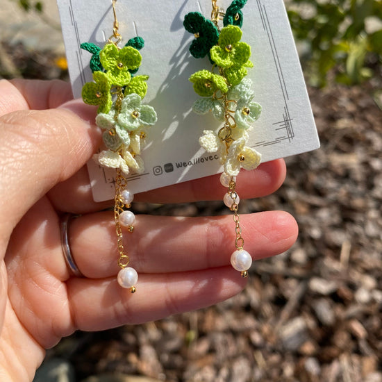 4 shades of Green ombre flower cluster crochet dangle earrings/Microcrochet/14k gold/gift for her/Knitting handmade jewelry