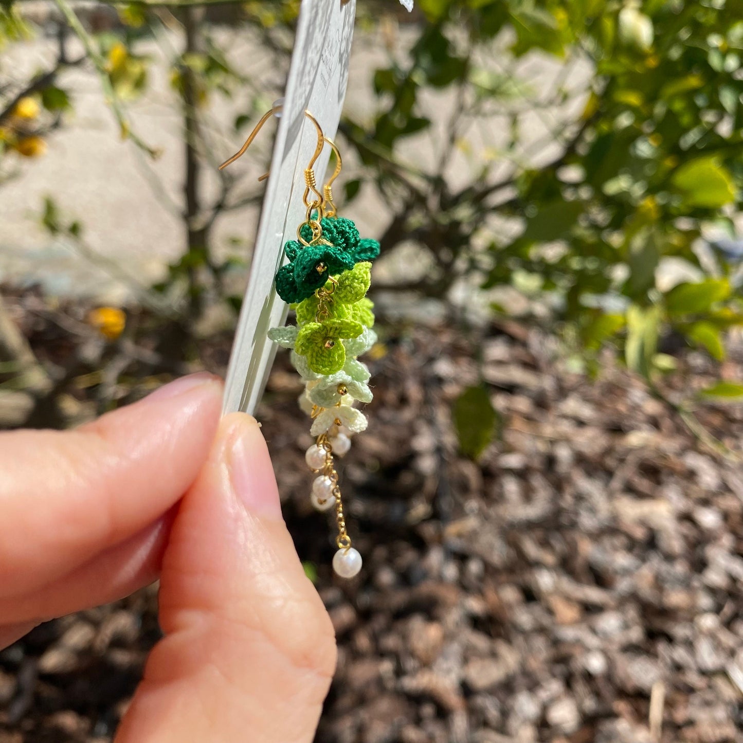 4 shades of Green ombre flower cluster crochet dangle earrings/Microcrochet/14k gold/gift for her/Knitting handmade jewelry