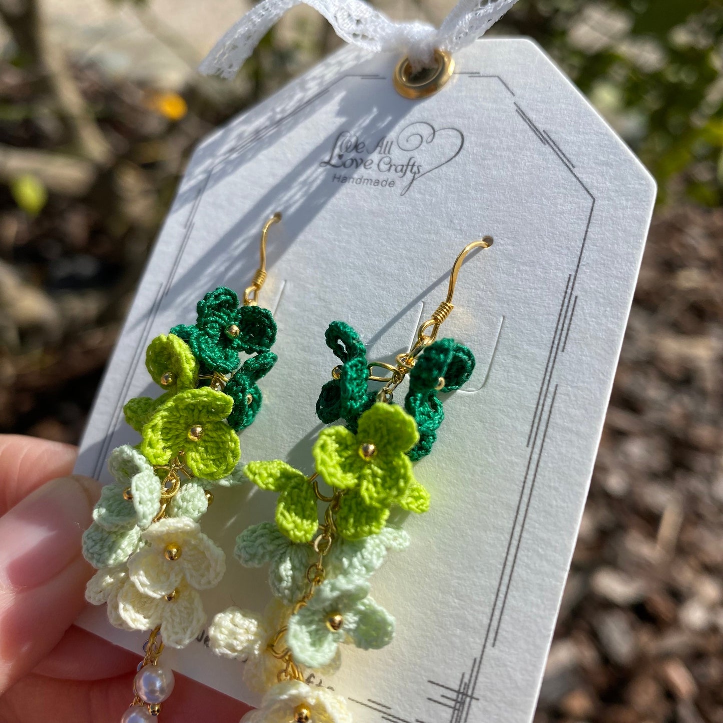 4 shades of Green ombre flower cluster crochet dangle earrings/Microcrochet/14k gold/gift for her/Knitting handmade jewelry