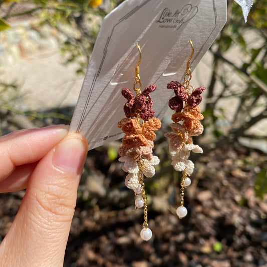 4 shades of Brown and Beige ombre flower cluster crochet dangle earrings/Microcrochet/14k gold/gift for her/Knitting handmade jewelry