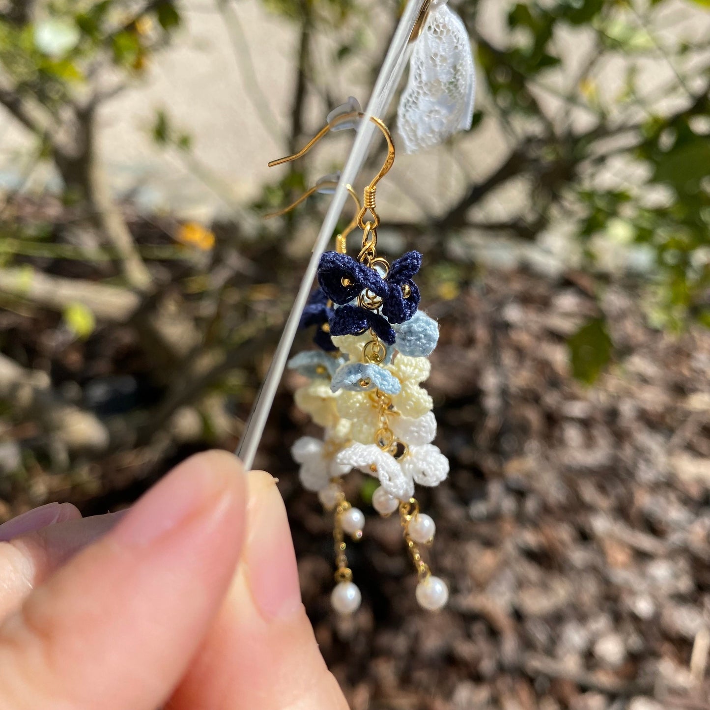 4 shades of Nautical navy ombre flower cluster crochet dangle earrings/Microcrochet/14k gold/gift for her/Knitting handmade jewelry