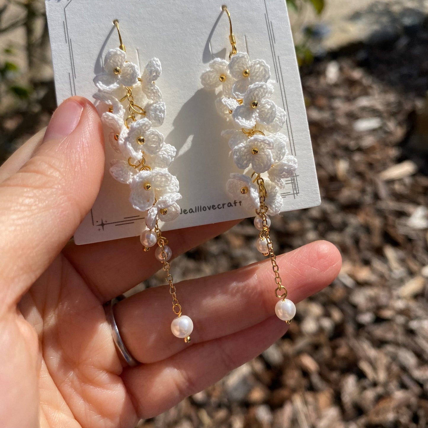 Pure crystal white flower cluster crochet dangle earrings/Microcrochet/14k gold/gift for her/Knitting handmade jewelry/Ship from US