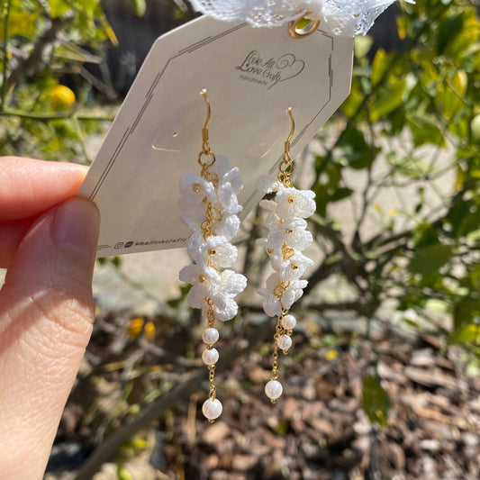 Pure crystal white flower cluster crochet dangle earrings/Microcrochet/14k gold/gift for her/Knitting handmade jewelry/Ship from US
