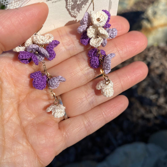 Purple ombre flower cluster crochet dangle earrings/Microcrochet/14k gold/gift for her/Knitting handmade jewelry