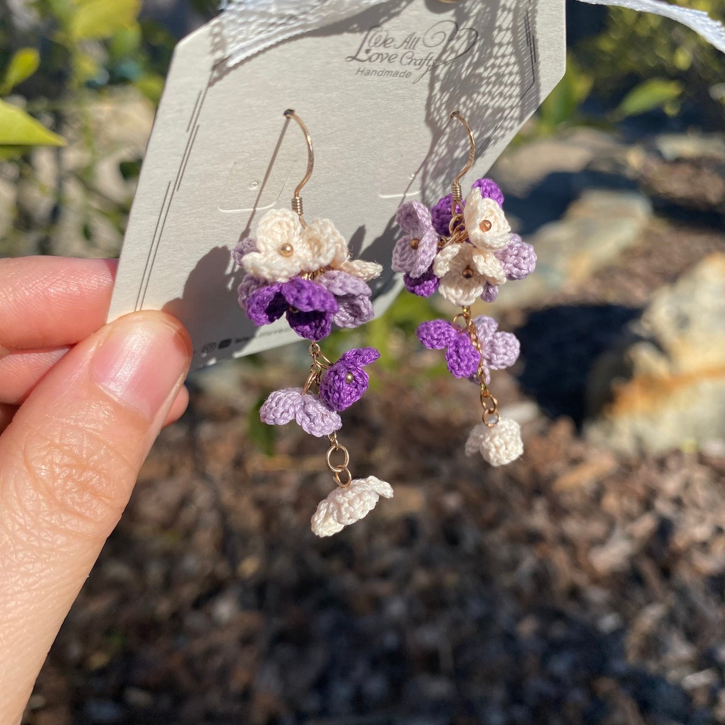 Purple ombre flower cluster crochet dangle earrings/Microcrochet/14k gold/gift for her/Knitting handmade jewelry