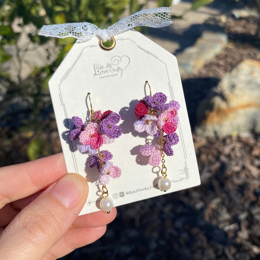 Maroon red and purple  ombre flower cluster with pearl crochet dangle earrings/Microcrochet/14k gold plated/gift for her/Knitting jewelry