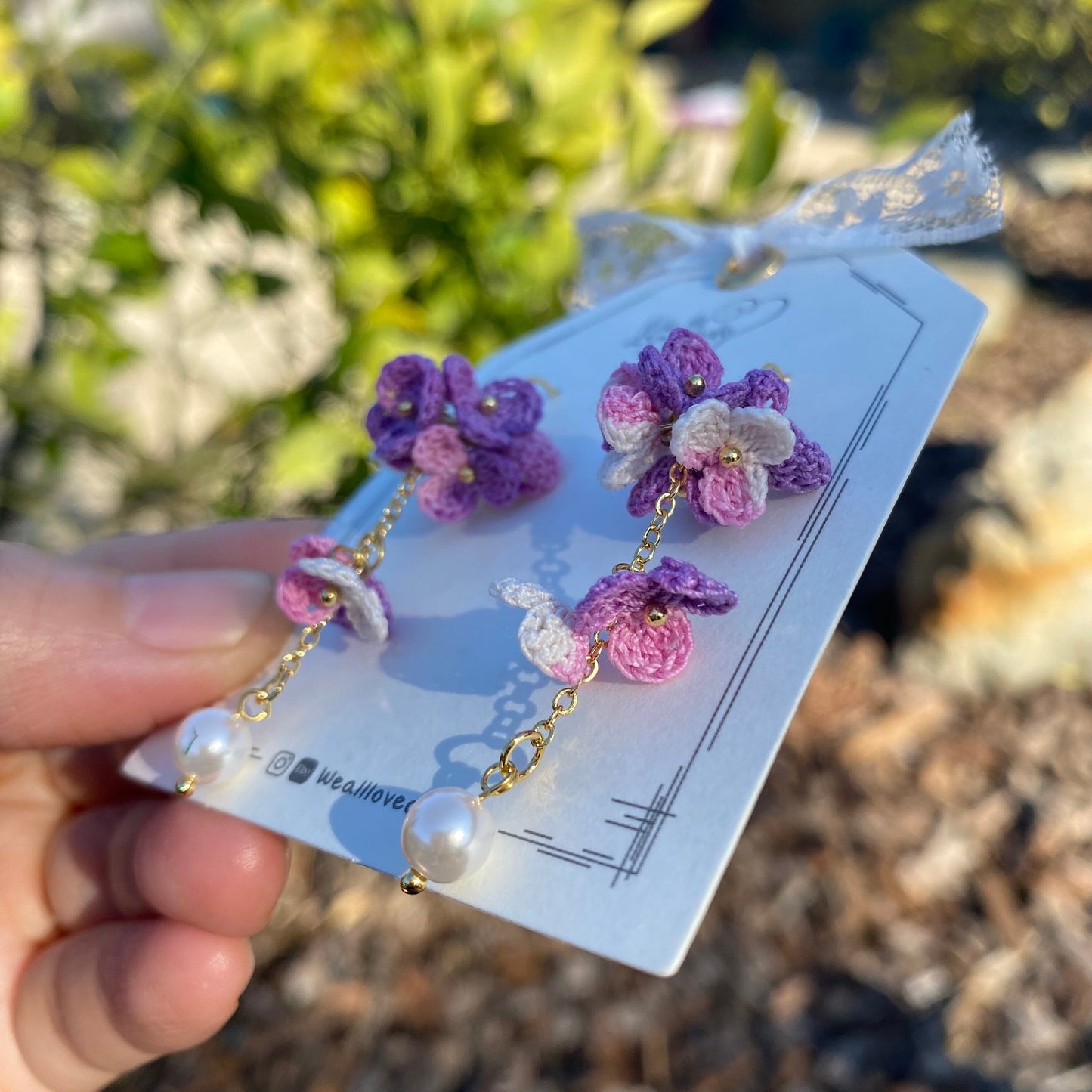 Purple and pink ombre flower cluster with pearl crochet dangle earrings/Microcrochet/14k gold plated/gift for her/Knitting handmade jewelry