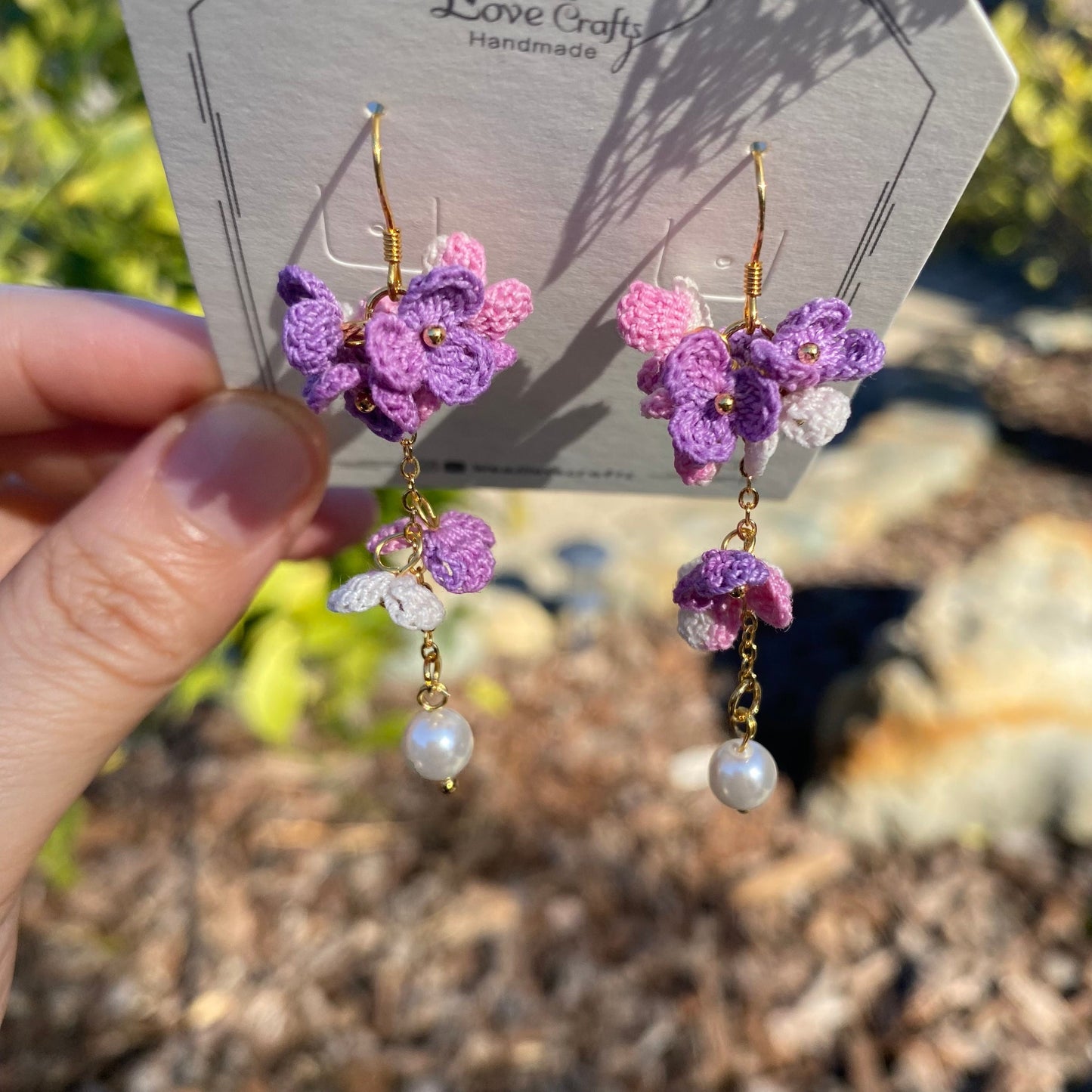 Purple and pink ombre flower cluster with pearl crochet dangle earrings/Microcrochet/14k gold plated/gift for her/Knitting handmade jewelry