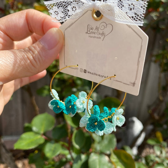 Jade Green Two tones color flower cluster crochet hoop earrings/Microcrochet/14k gold/gift for her/Knitting handmade jewelry/Ship from US