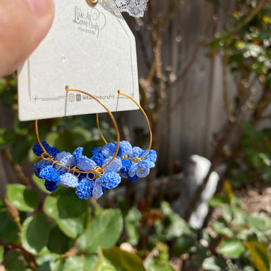 Royal Dark Blue ombre flower cluster crochet hoop earrings/Microcrochet/14k gold/gift for her/Knitting handmade jewelry/Ship from US