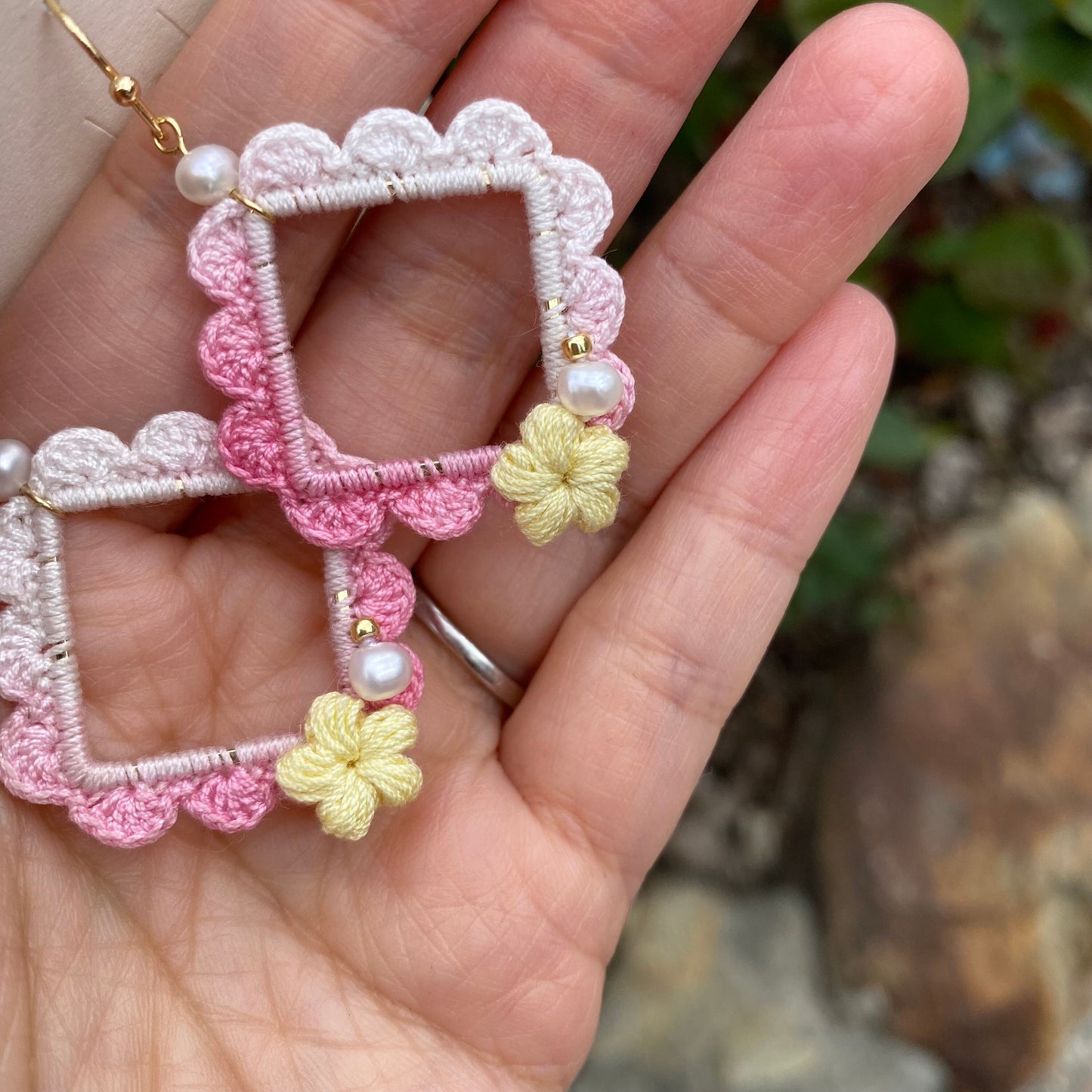 Ombre Pink with yellow flower and pearl crochet earrings in square shape/Microcrochet /dangle geometry jewelry/gift for her/Ship from US