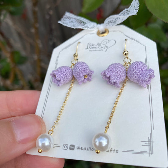 Load image into Gallery viewer, Purple Lily of the valley flower with pearl crochet dangle earrings/bell shaped/ Microcrochet/gift for her/Knitting handmade jewelry
