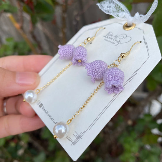 Purple Lily of the valley flower with pearl crochet dangle earrings/bell shaped/ Microcrochet/gift for her/Knitting handmade jewelry