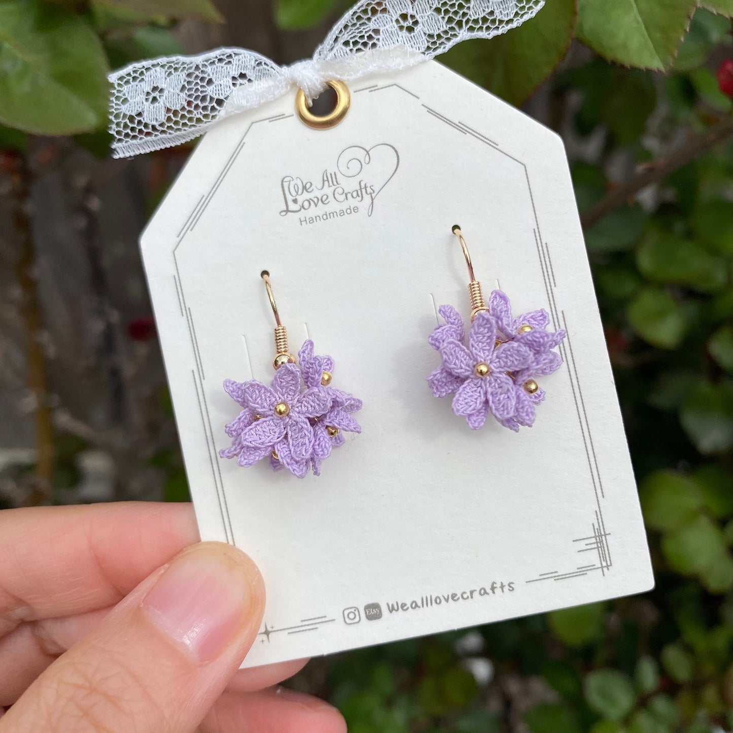 Purple flower cluster ball crochet dangle stud earrings/Micro crochet/14k gold plated/gift for her/Knitting handmade jewelry/Ship from US