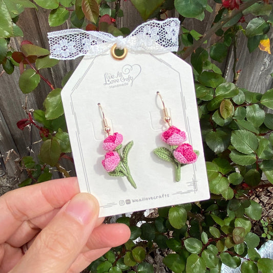Magenta Pink rose flower crochet dangle earrings/Microcrochet/14k gold/love gift for her/Knitting handmade jewelry/Ship from US
