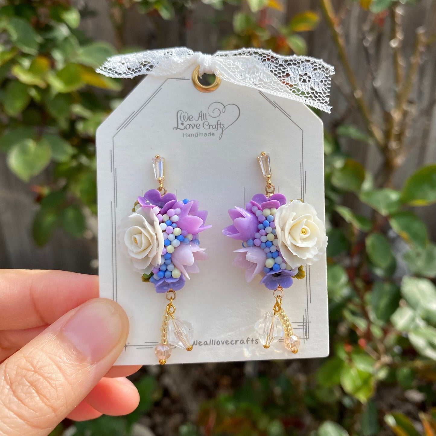 Load image into Gallery viewer, Purple  rose flower bundle bouquet Polymer Clay handmade stud earrings/Flower jewelry/Wedding flower earrings/bride and bridesmaid studs
