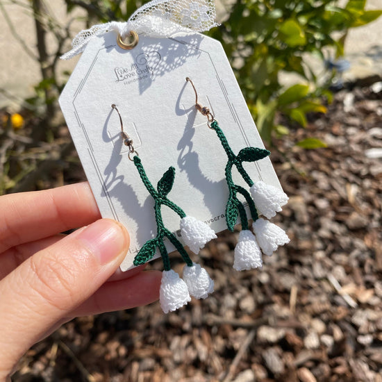 Lily of the valley flower crochet dangle earrings/Green bell shaped/ Microcrochet/Silver plated/gift for her/Knitting handmade jewelry