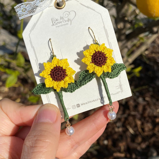 Yellow Sunflower dangle earrings with pearls/Microcrochet/14k gold/fall flower gift for her/Knitting handmade jewelry/3D flower/Ship from US