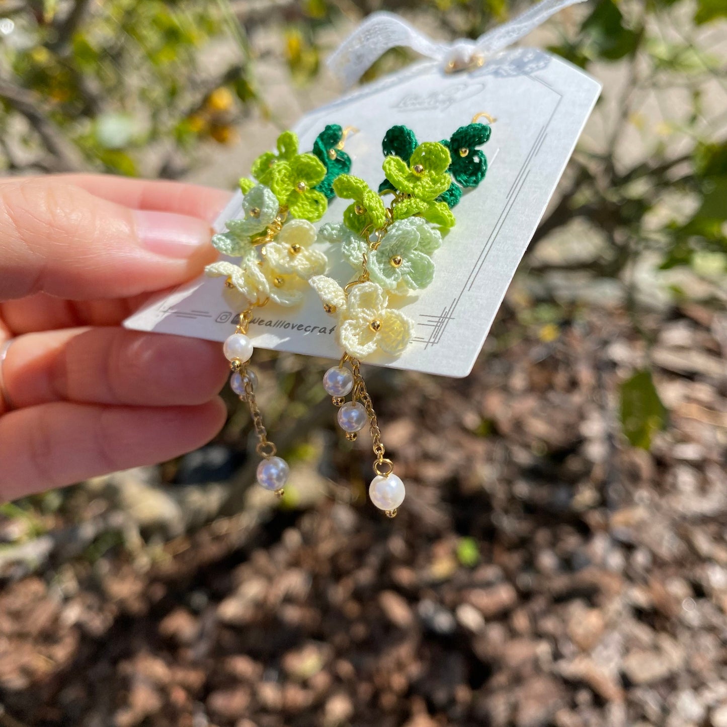 4 shades of Green ombre flower cluster crochet dangle earrings/Microcrochet/14k gold/gift for her/Knitting handmade jewelry