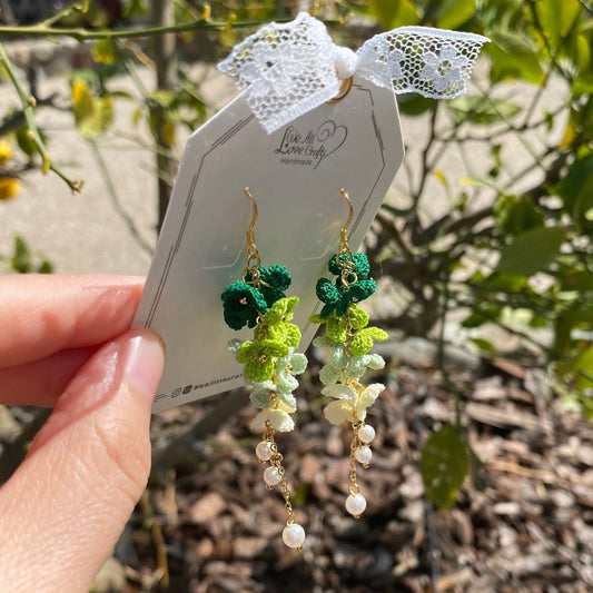 4 shades of Green ombre flower cluster crochet dangle earrings/Microcrochet/14k gold/gift for her/Knitting handmade jewelry