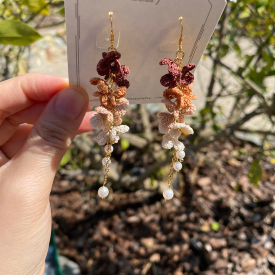 Load image into Gallery viewer, 4 shades of Brown and Beige ombre flower cluster crochet dangle earrings/Microcrochet/14k gold/gift for her/Knitting handmade jewelry
